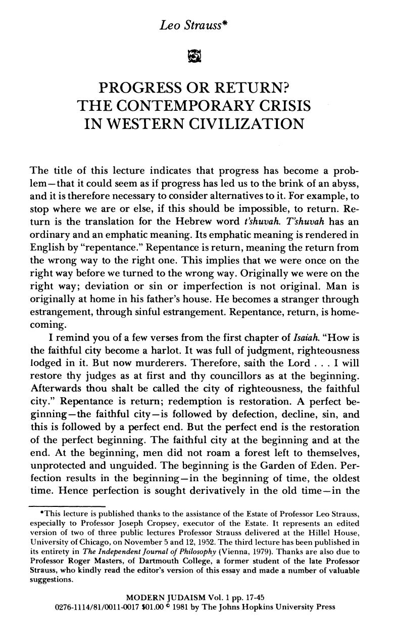 "Progress or Return?" : the Contemporary Crisis in Western Civilization by Leo Strauss
