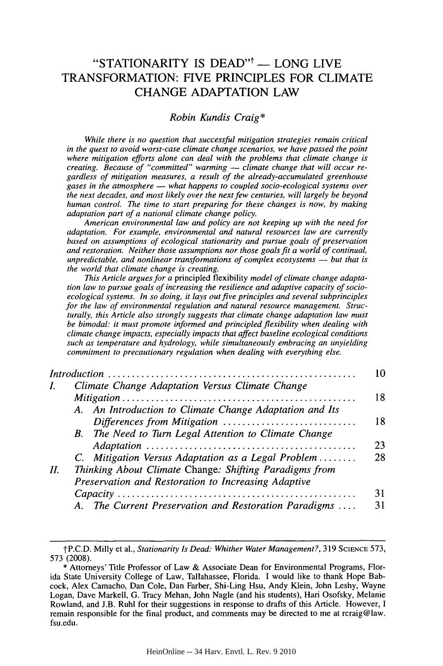 "Stationary is Dead" - Long Live Transformation: Five Principles for Climate Change Aadaption Law by Robin Kundis Craig