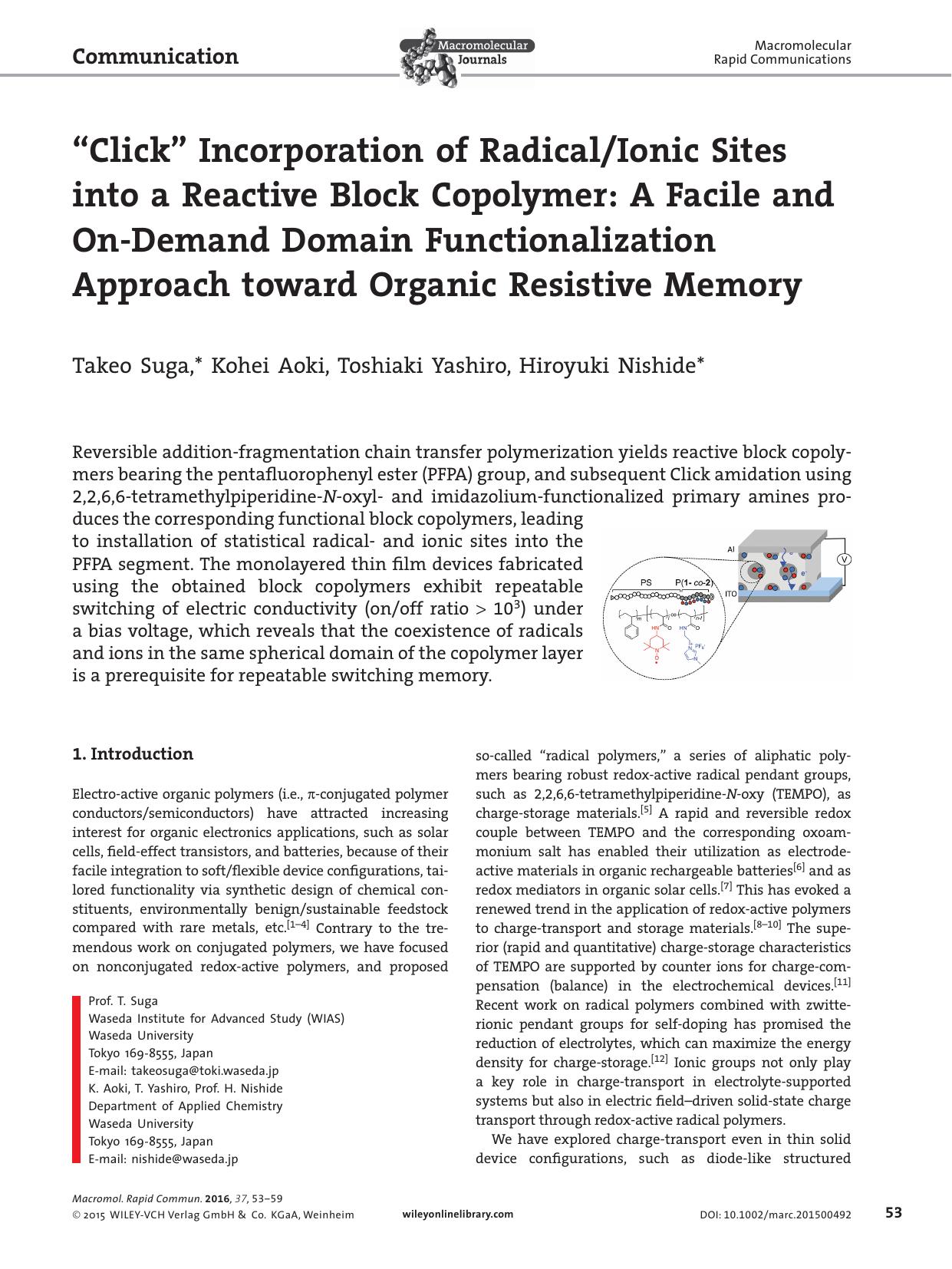 &#x0201C;Click&#x0201D; Incorporation of RadicalIonic Sites into a Reactive Block Copolymer: A Facile and On&#x02010;Demand Domain Functionalization Approach toward Organic Resistive Memory by Unknown