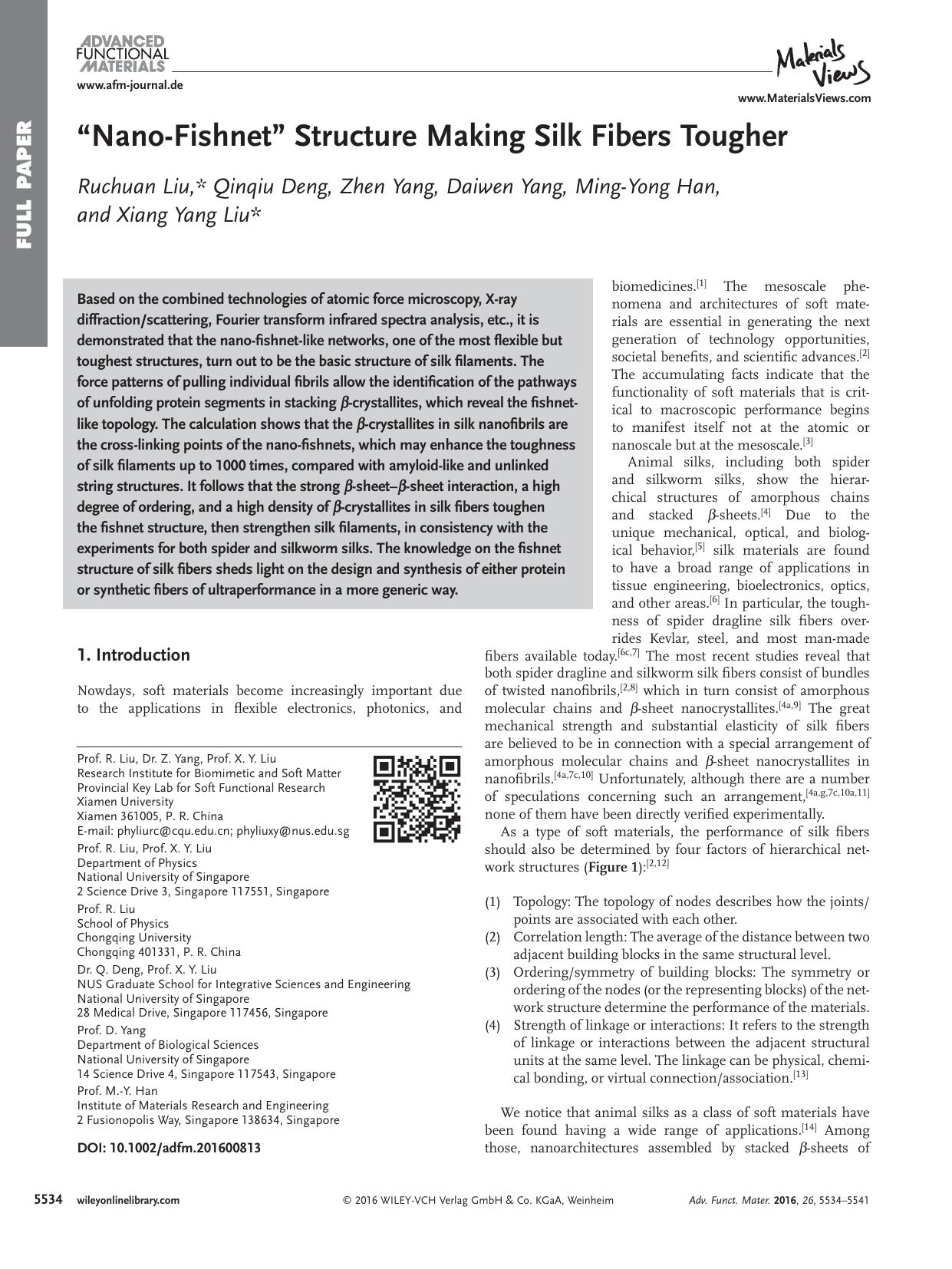 “Nano‐Fishnet” Structure Making Silk Fibers Tougher by Unknown