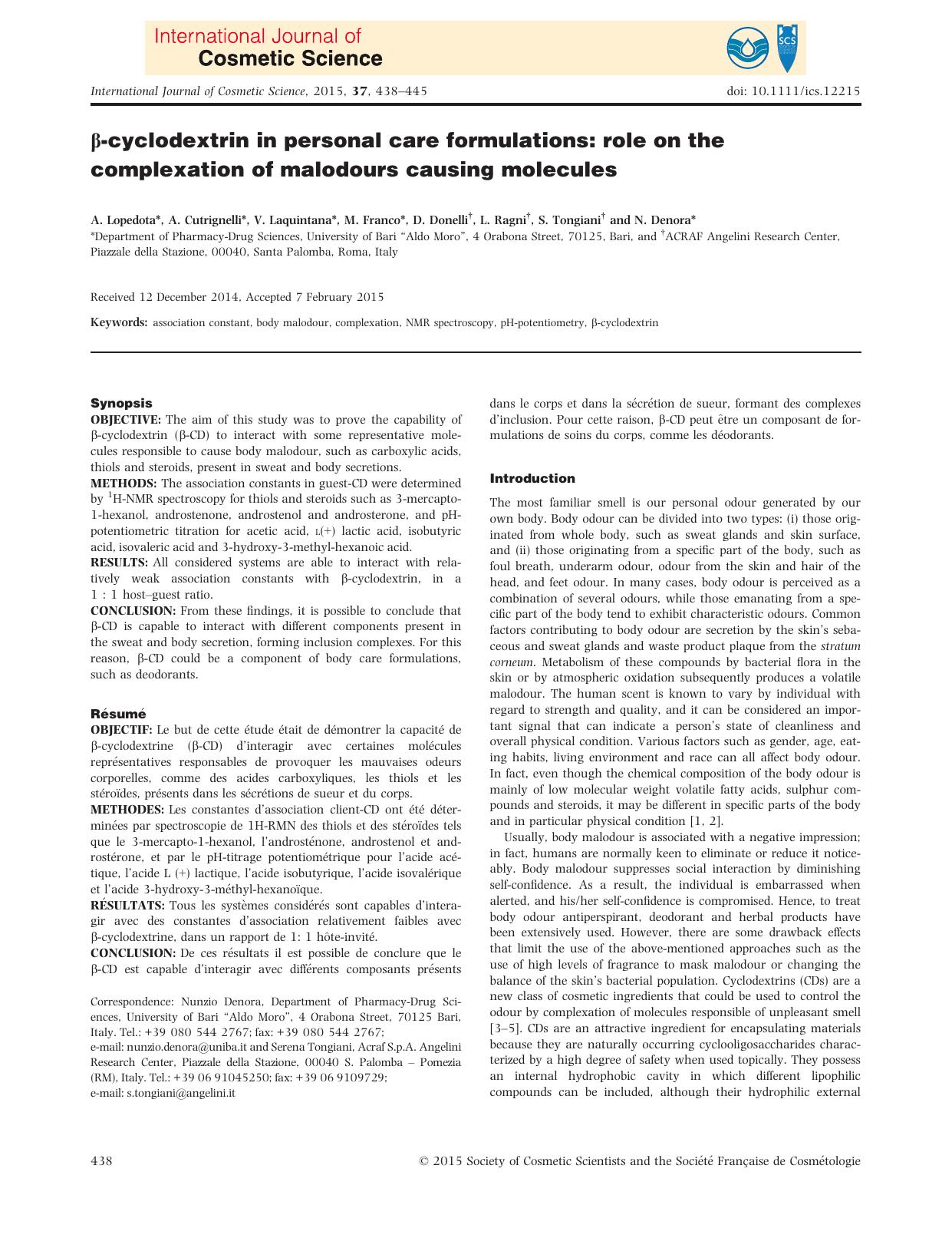 &#x03B2;&#x2010;cyclodextrin in personal care formulations: role on the complexation of malodours causing molecules by Unknown