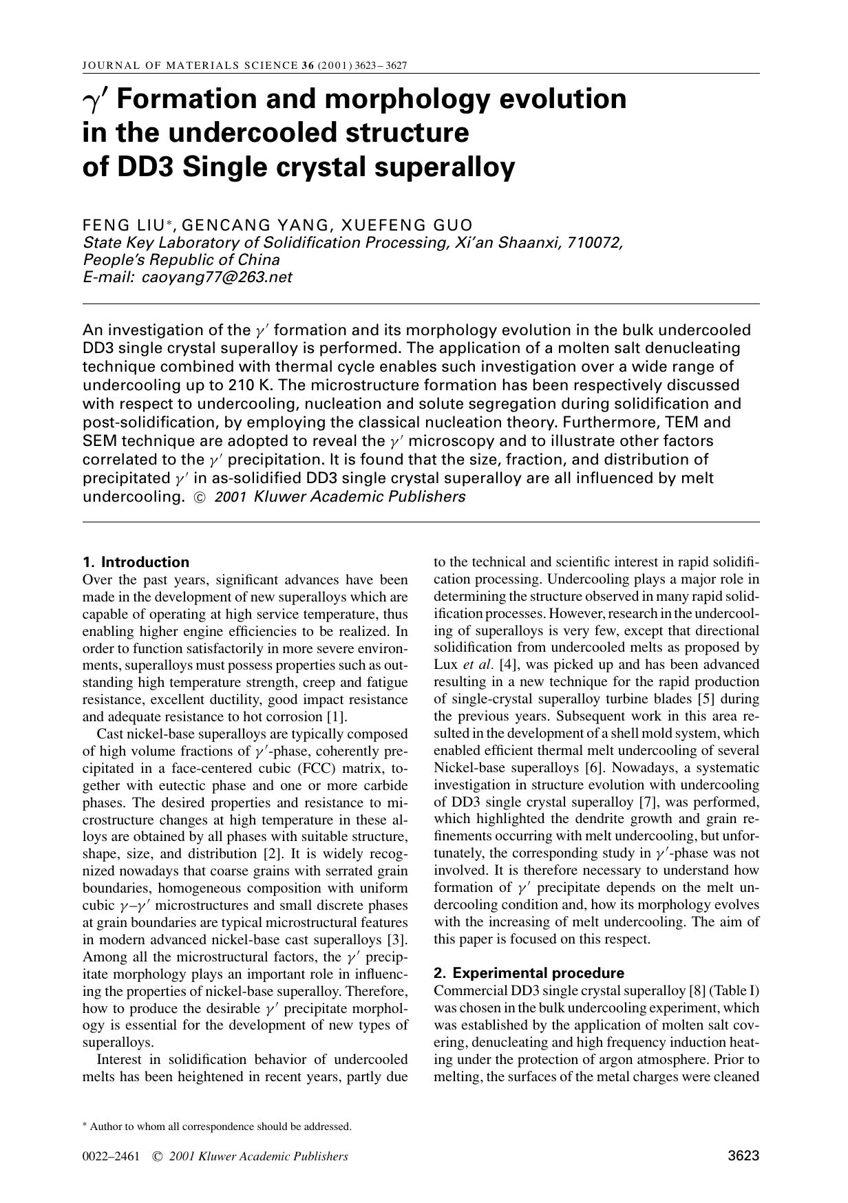 γ′ Formation and morphology evolution in the undercooled structure of DD3 Single crystal superalloy by Unknown