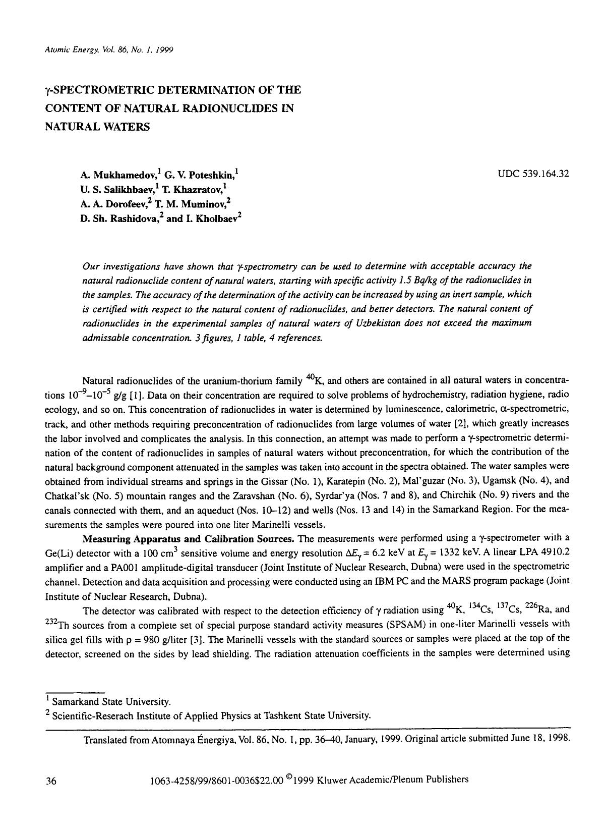 γ-Spectrometric determination of the content of natural radionuclides in natural waters by Unknown