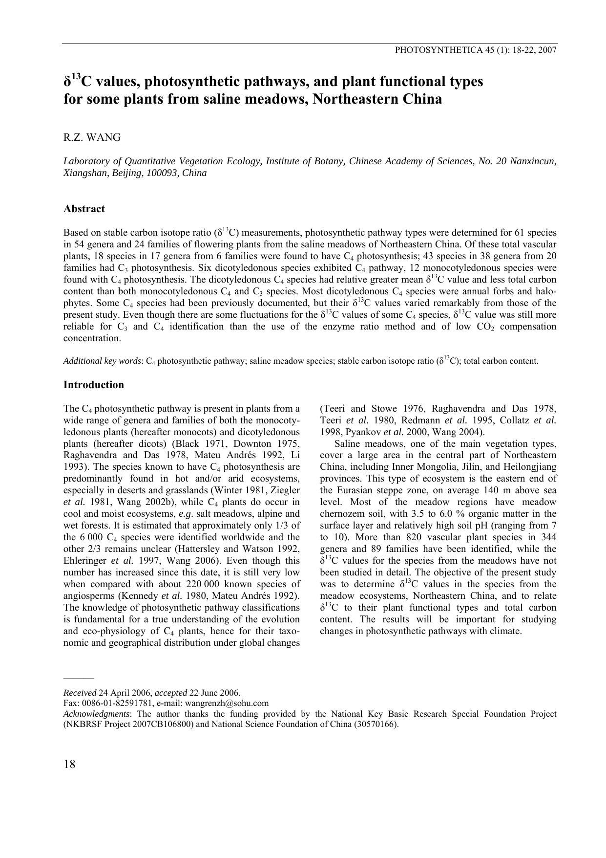 &#x03B4;<Superscript>13<Superscript>C values, photosynthetic pathways, and plant functional types for some plants from saline meadows, Northeastern China by Unknown