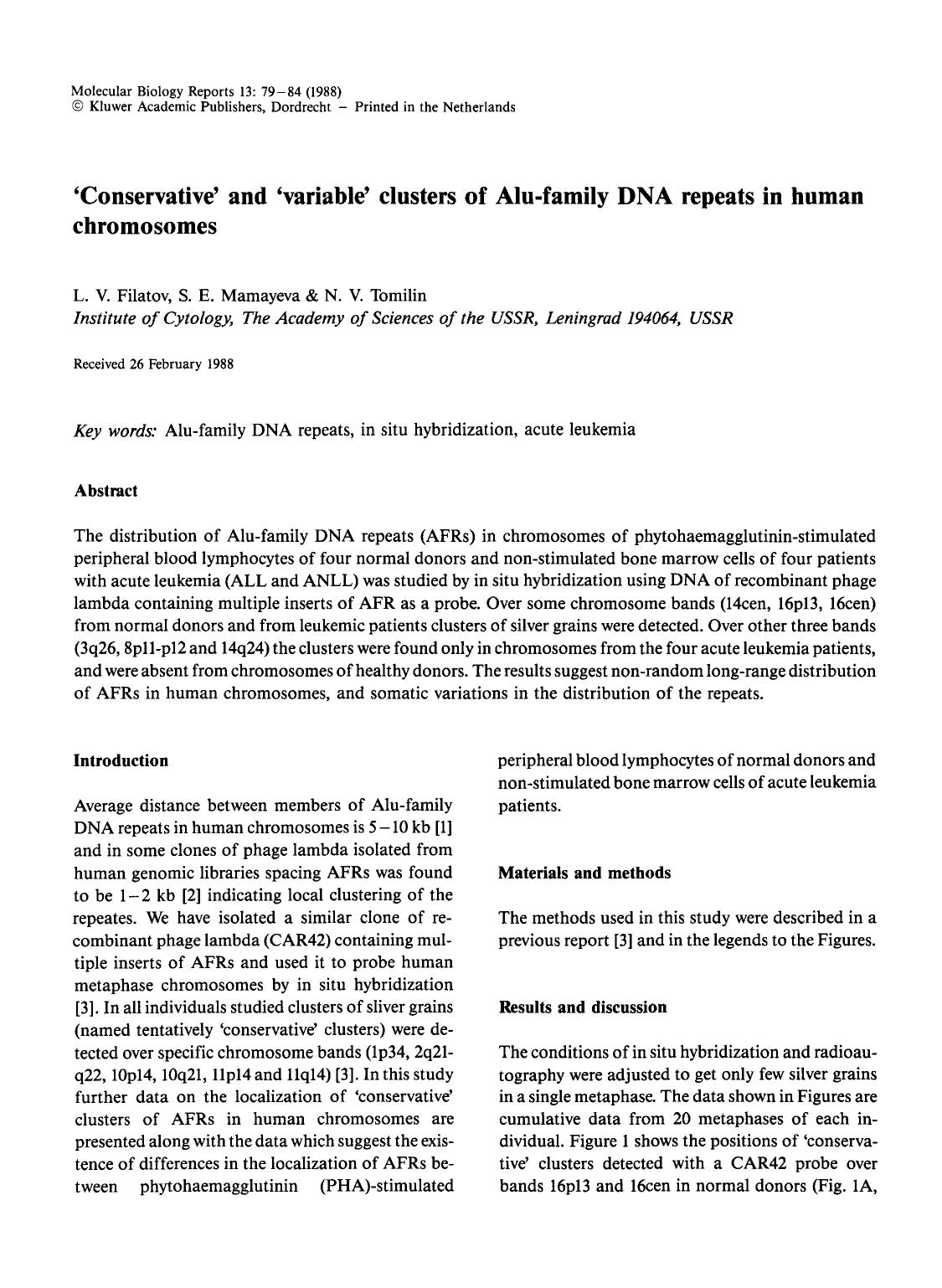 ‘Conservative’ and ‘variable’ clusters of Alu-family DNA repeats in human chromosomes by Unknown