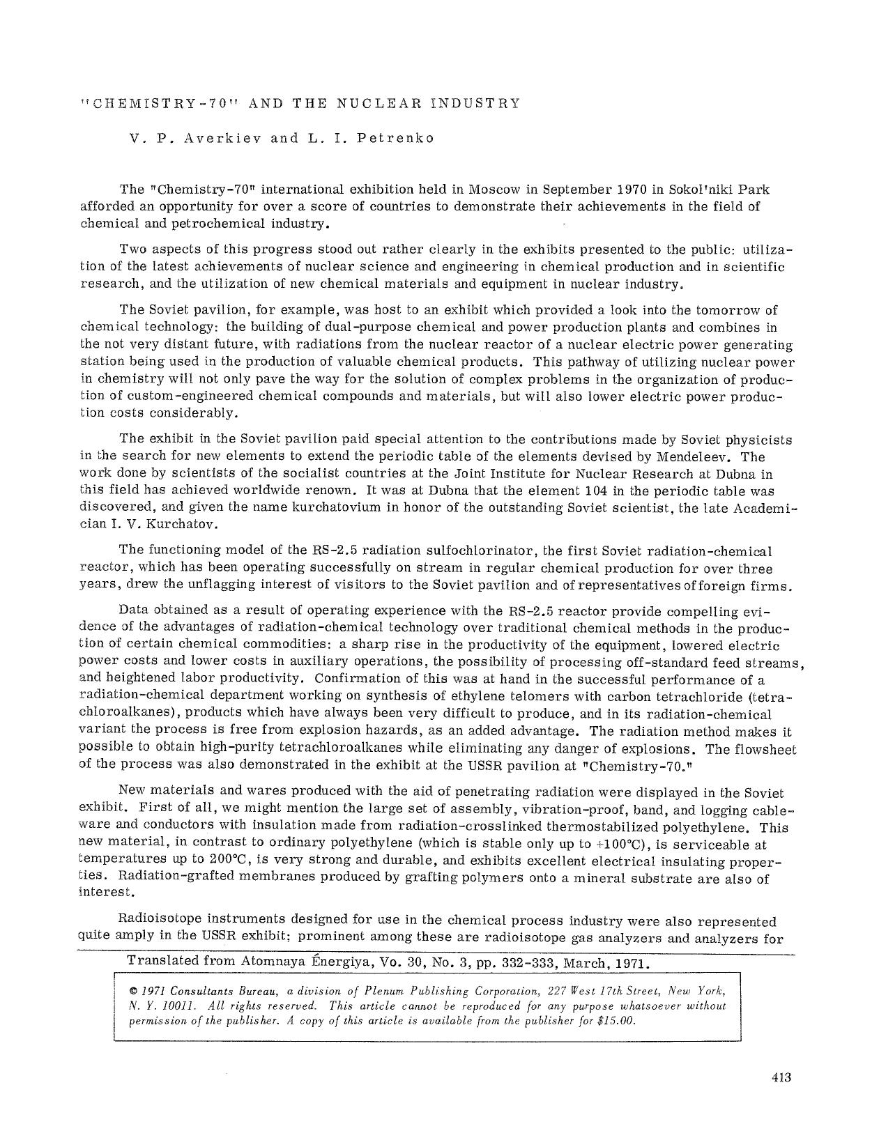 &#x201C;Chemistry-70&#x201D; and the nuclear industry by Unknown