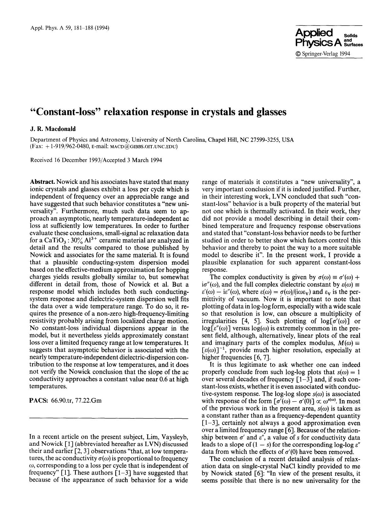 “Constant-loss” relaxation response in crystals and glasses by Unknown