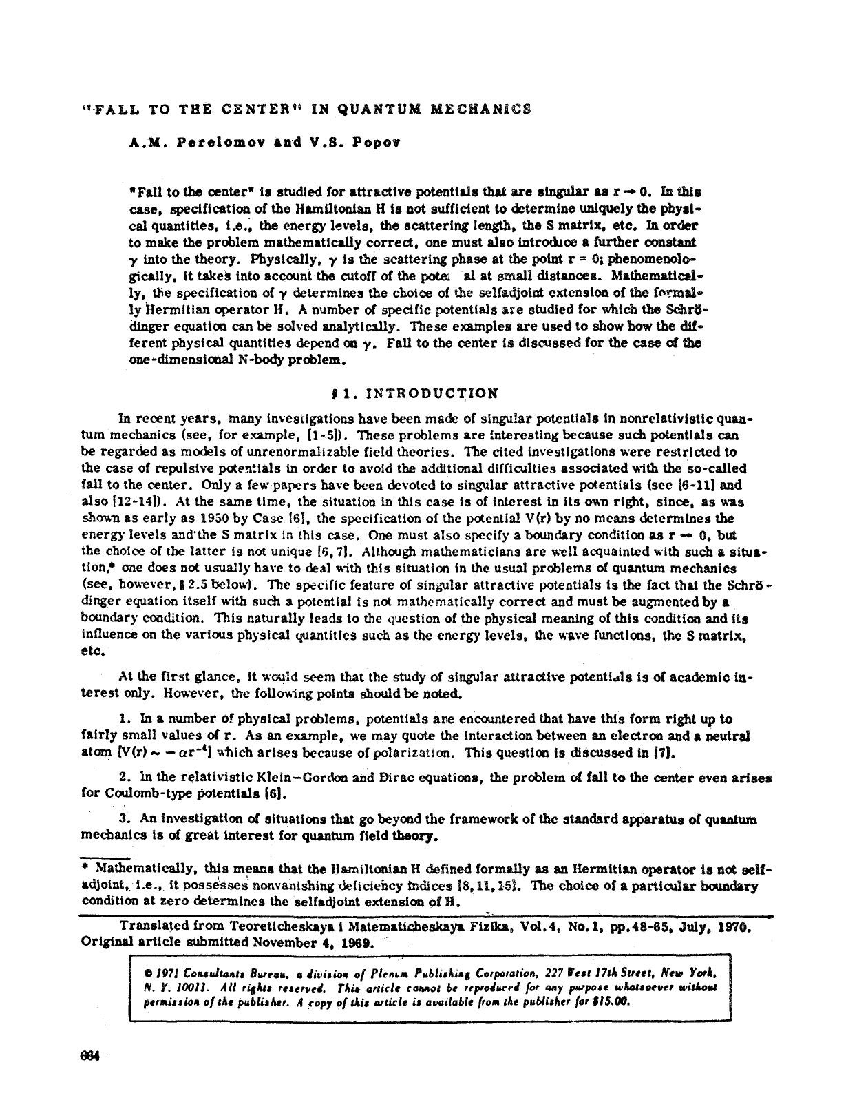 &#x201C;Fall to the center&#x201D; in quantum mechanics by Unknown