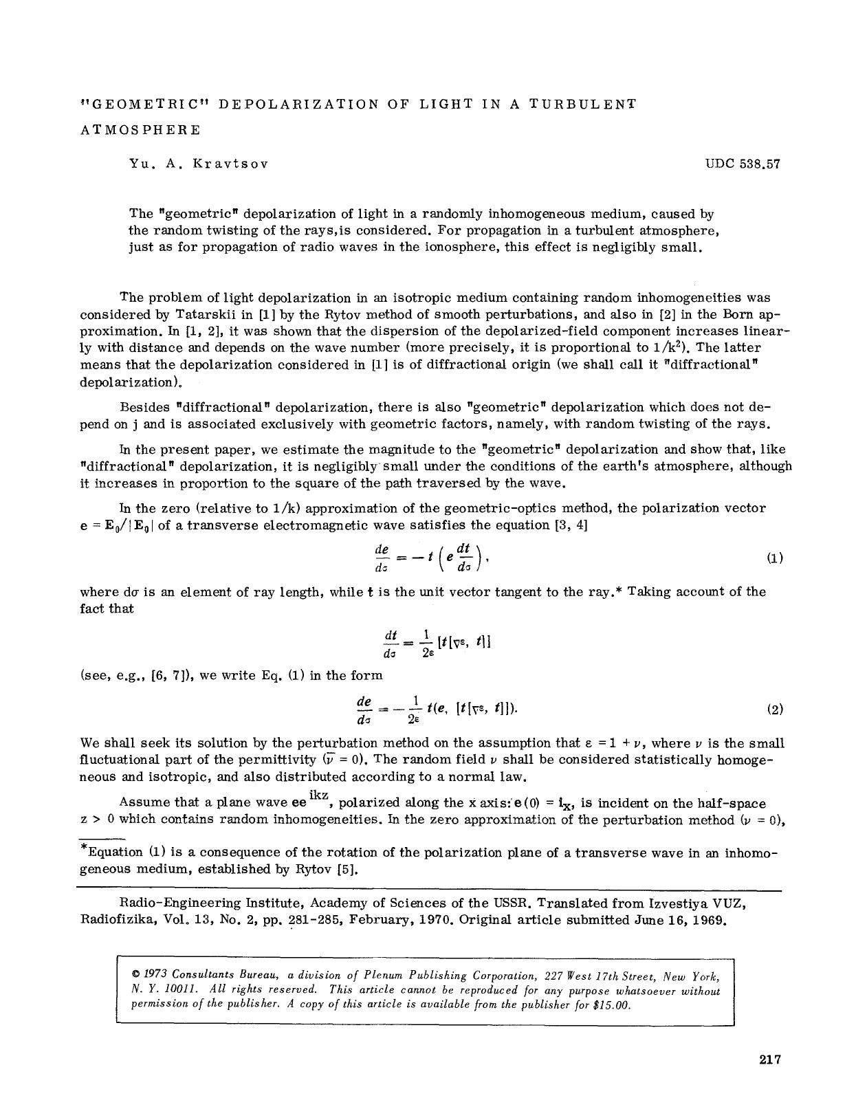 &#x201C;Geometric&#x201D; depolarization of light in a turbulent atmosphere by Unknown