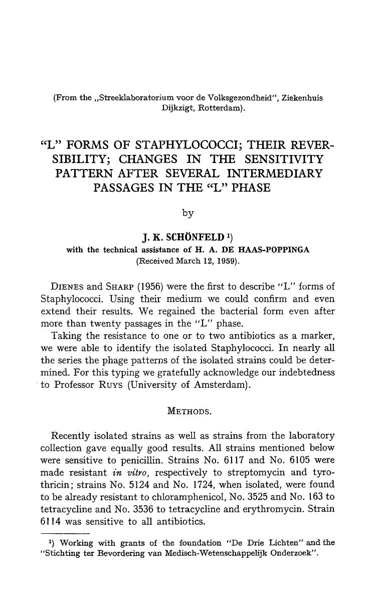 “L” forms of Staphylococci; Their reversibility; Changes in the sensitivity pattern after several intermediary passages in the “L” phase by Unknown