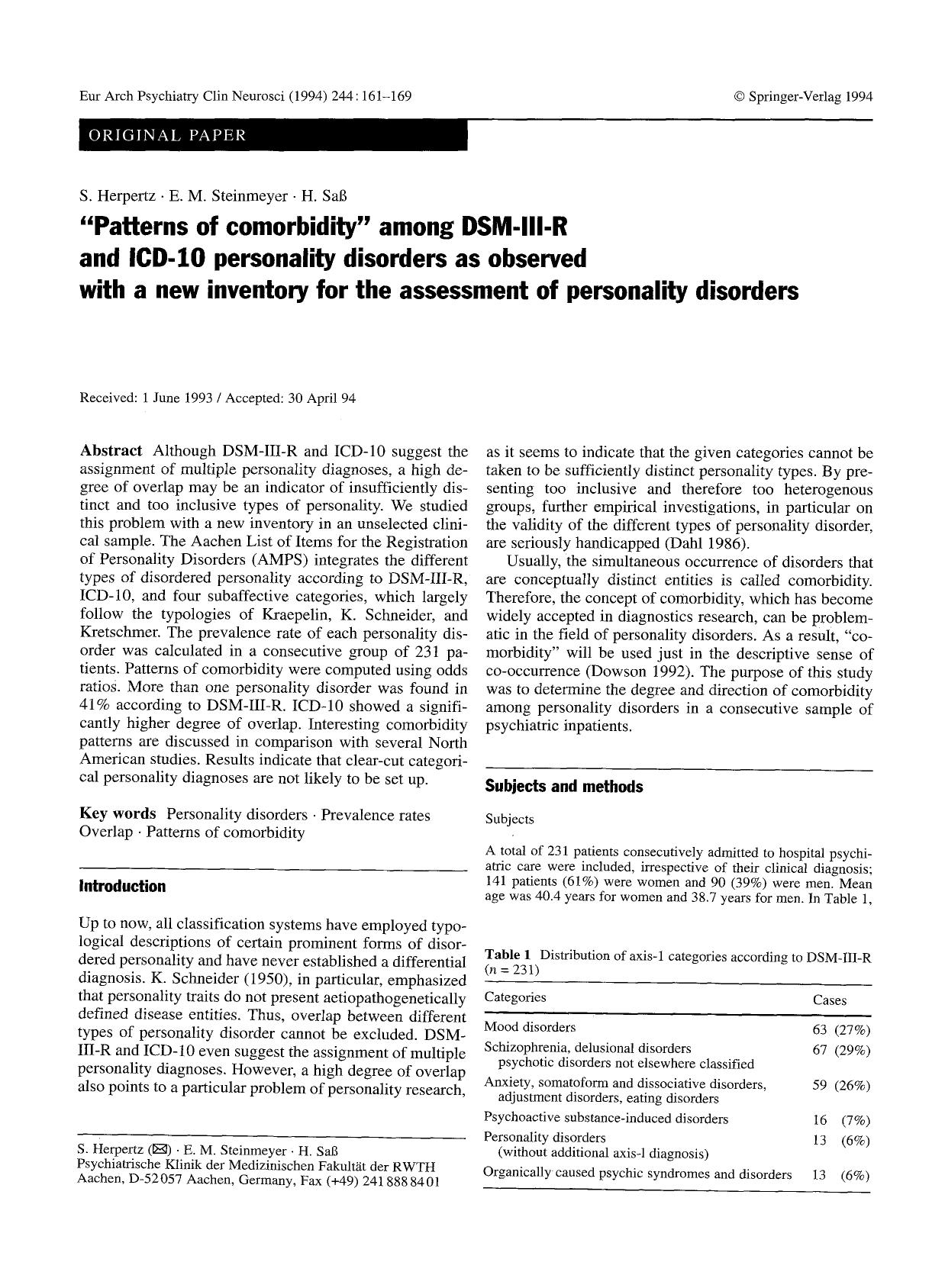 “Patterns of comorbidity” among DSM-III-R and ICD-10 personality disorders as observed with a new inventory for the assessment of personality disorders by Unknown