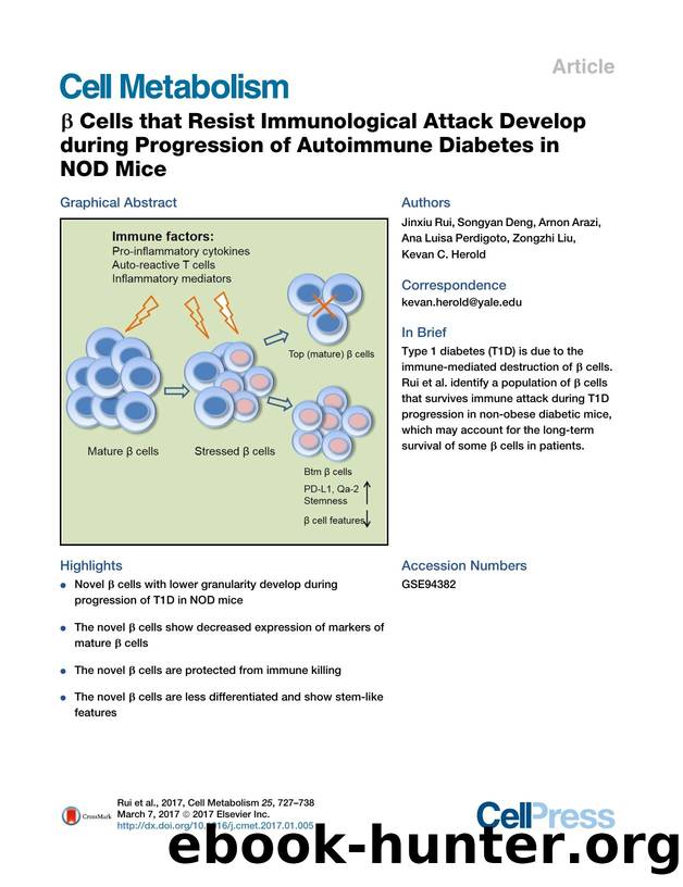 &beta; Cells that Resist Immunological Attack Develop during Progression of Autoimmune Diabetes in NOD Mice by Jinxiu Rui & Songyan Deng & Arnon Arazi & Ana Luisa Perdigoto & Zongzhi Liu & Kevan C. Herold