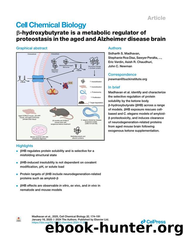 &beta;-hydroxybutyrate is a metabolic regulator of proteostasis in the aged and Alzheimer disease brain by unknow