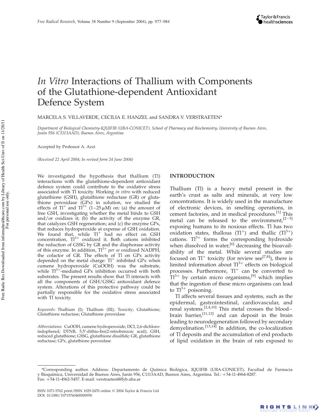 &lt;emph type="2"&gt;In Vitro&lt;emph&gt; Interactions of Thallium with Components of the Glutathione-dependent Antioxidant Defence System by Marcela S. Villaverde Cecilia E. Hanzel & Sandra V. Verstraeten