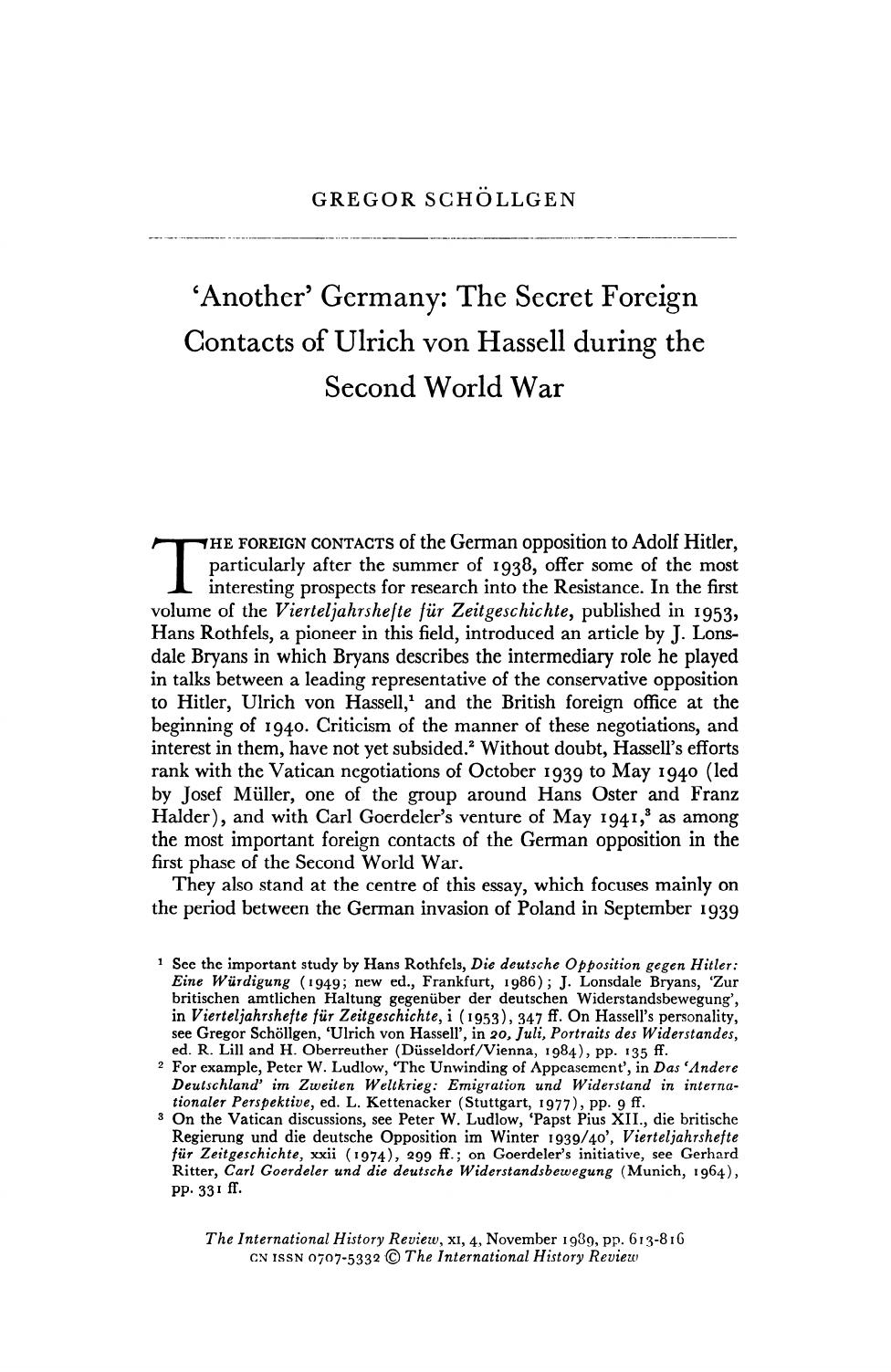 'Another' Germany; The Secret Foreign Contacts of Ulrich von Hassell during the Second World War by Unknown