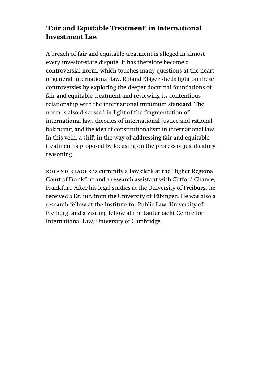 'Fair and Equitable Treatment' in International Investment Law by Roland Kläger