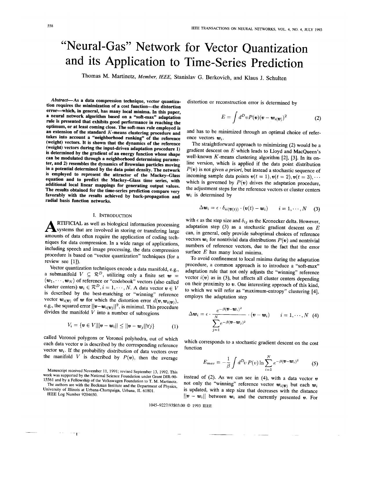 'Neural-gas' network for vector quantization and its application to time-series prediction by T.M. Martines & S.G. Berkovich & K.J. Schulten