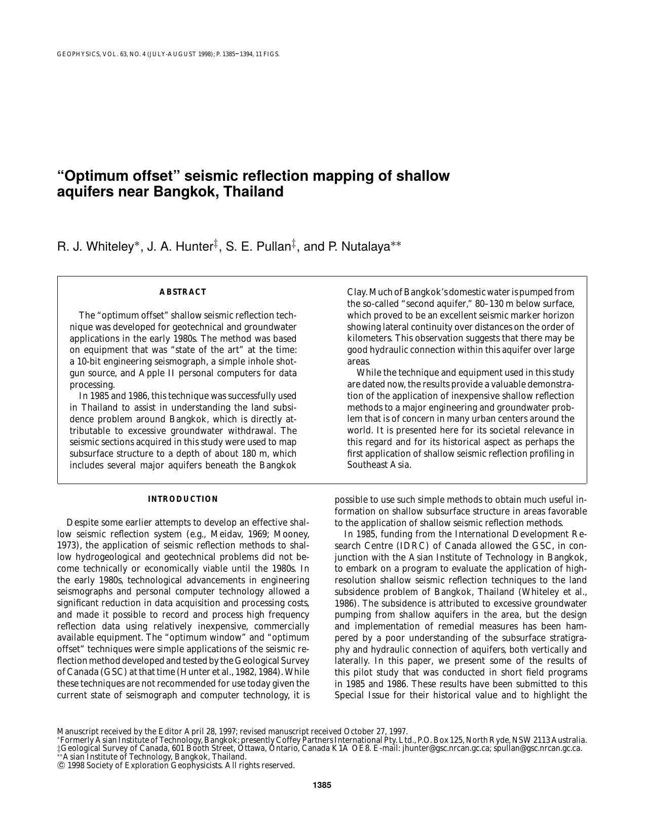 'Optimum offset' seismic reflection mapping of shallow aquifers near Bangkok, Thailand by R. J. Whiteley J. A. Hunter S. E. Pullan P. Nutalaya