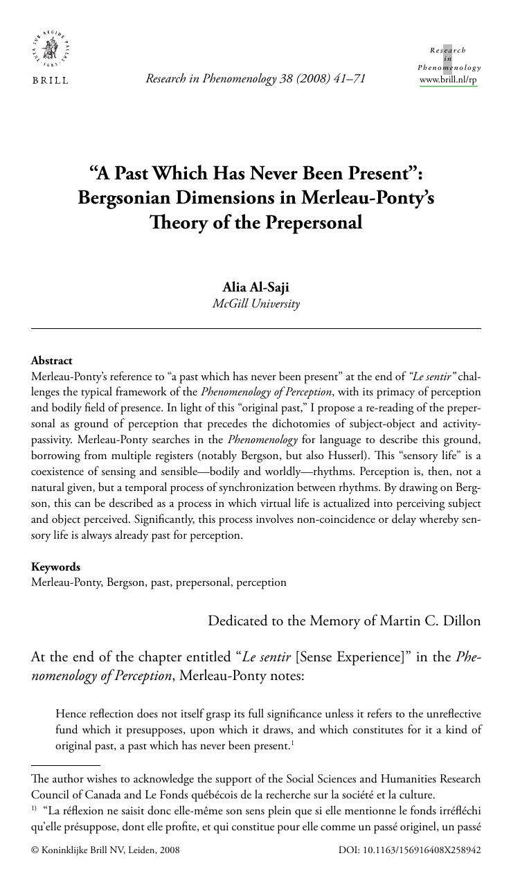 'Past Which Has Never Been Present' [Bergsonian Dimensions In Merleau-Ponty's Theory Of The Prepersonal] by Unknown
