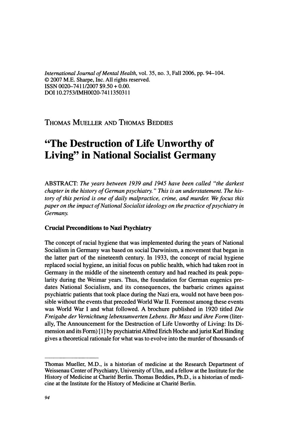 'The Destruction of Life Unworthy of Living' in National Socialist Germany by Unknown