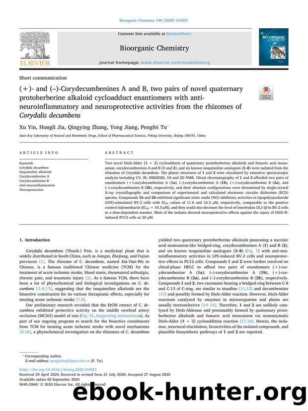 (+)- and (â)-Corydecumbenines A and B, two pairs of novel quaternary protoberberine alkaloid cycloadduct enantiomers with anti-neuroinflammatory and neuroprotective activities fr by Xu Yin & Hongli Jia & Qingying Zhang & Yong Jiang & Pengfei Tu