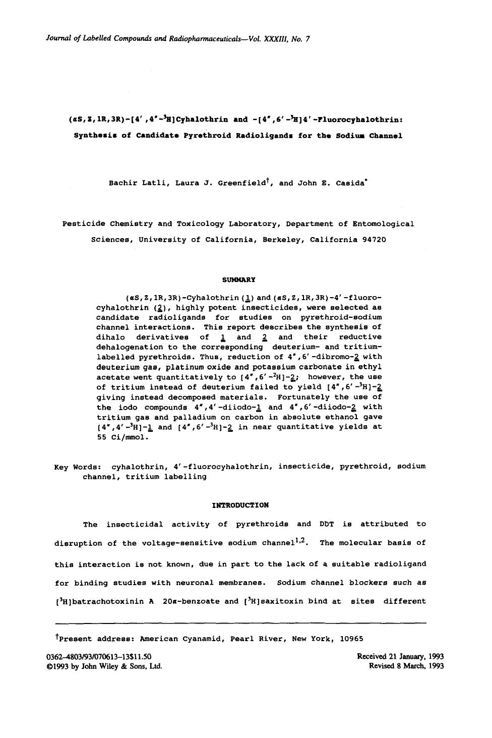 ([alpha]S, Z, 1R, 3R)-[4[prime],4[Prime]-3H]cyhalothrin and -[4[Prime],6[prime],-3H]4[Prime]-fluorocyhalothrin: Synthesis of candidate pyrethroid radioligands for the sodium channel by Unknown