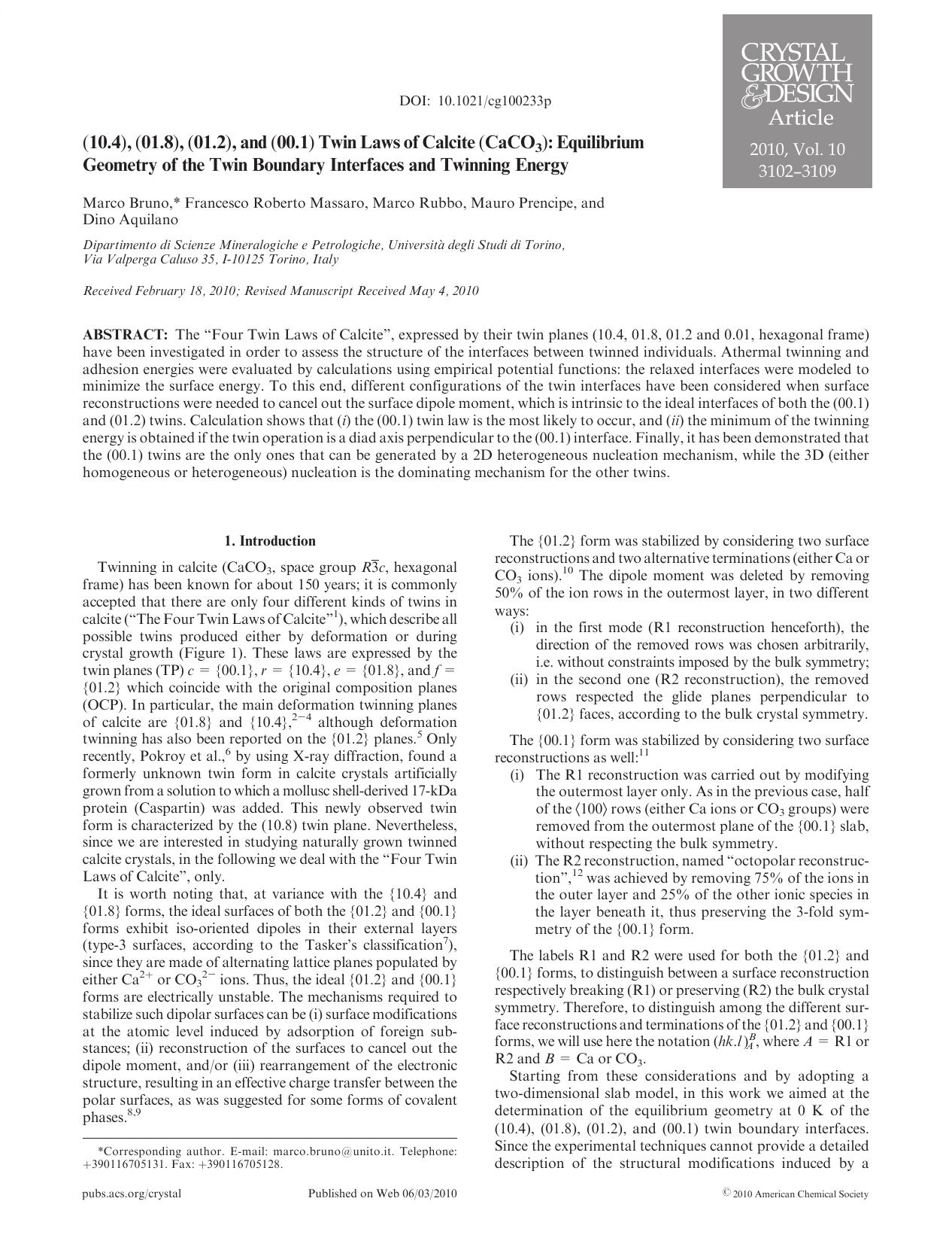 (10.4), (01.8), (01.2), and (00.1) Twin Laws of Calcite (CaCO<sub>3<sub>): Equilibrium Geometry of the Twin Boundary Interfaces and Twinning Energy by Unknown
