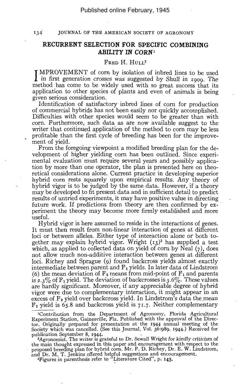 (1945) Recurrent Selection and Specific Combining Ability in Corn (AJ) by Fred H. Hull