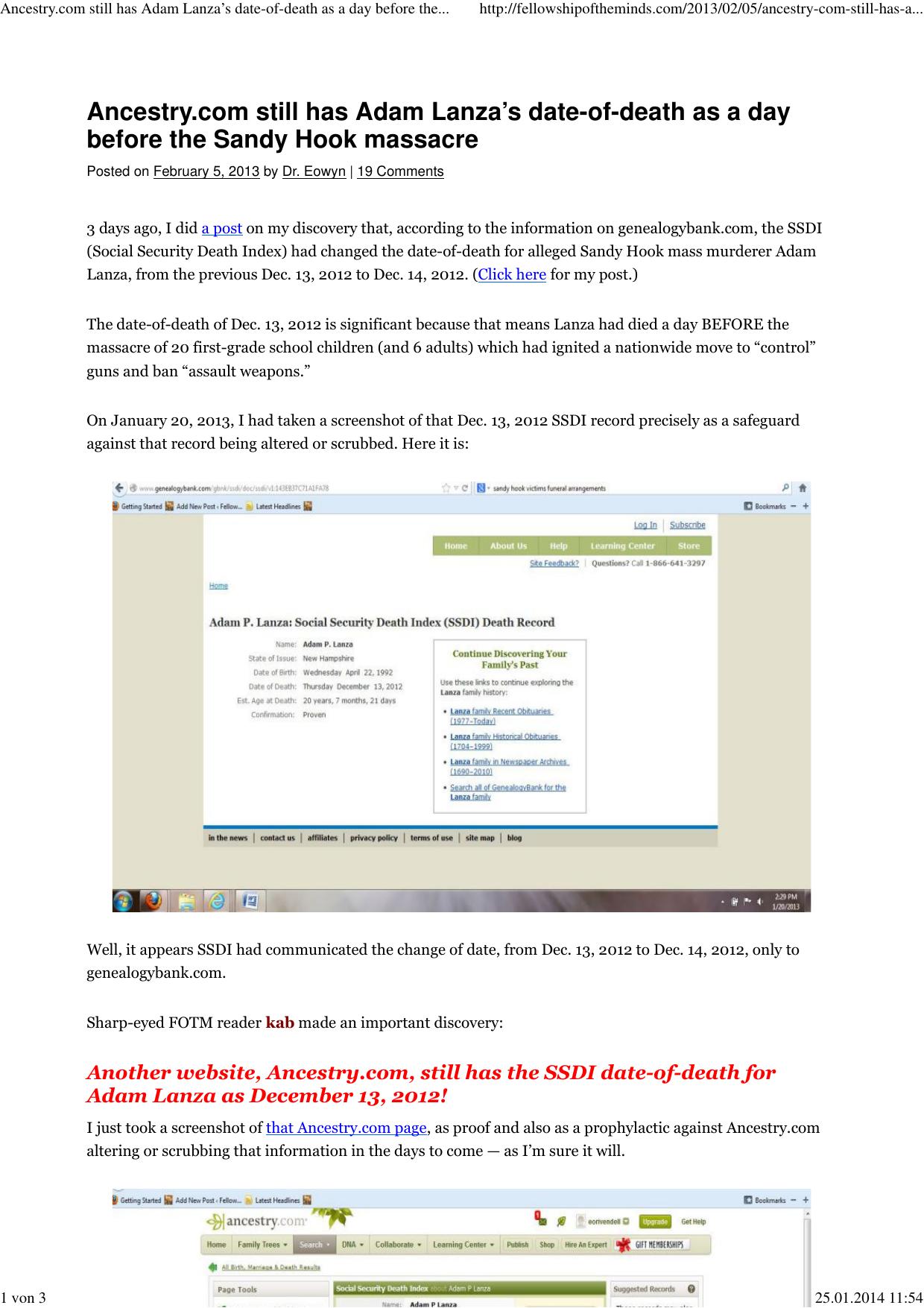 (Ancestry.com still has Adam Lanzas date-of-death as a day before the Sandy Hook massacre | Fellowship of the Minds) by Benutzer1