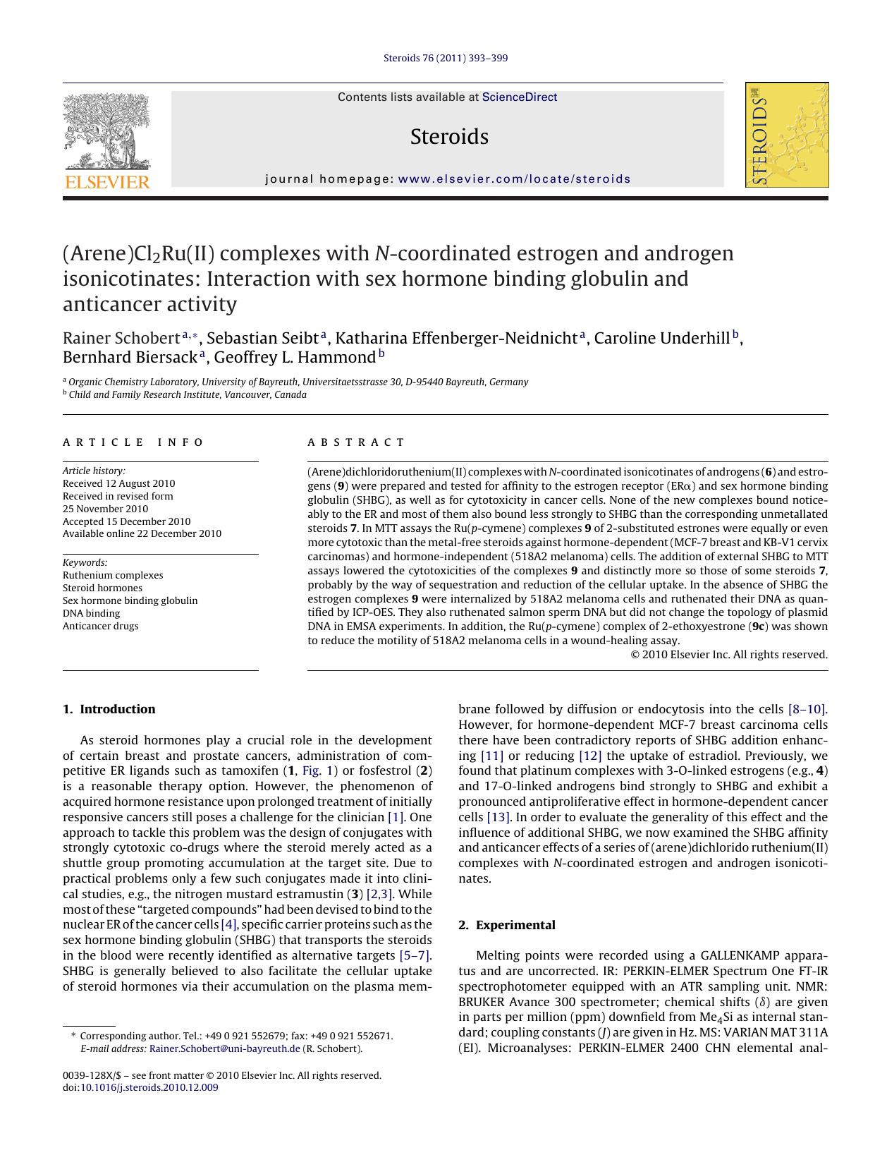 (Arene)Cl2Ru(II) complexes with N-coordinated estrogen and androgen isonicotinates: Interaction with sex hormone binding globulin and anticancer activity by Rainer Schobert