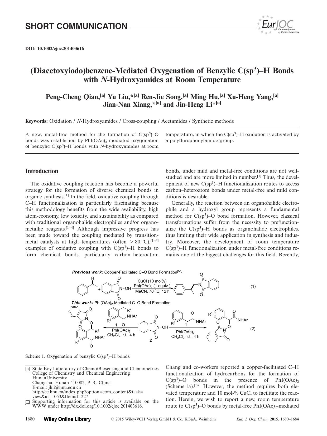 (Diacetoxyiodo)benzeneMediated Oxygenation of Benzylic C(sp3)H Bonds with NHydroxyamides at Room Temperature by Unknown