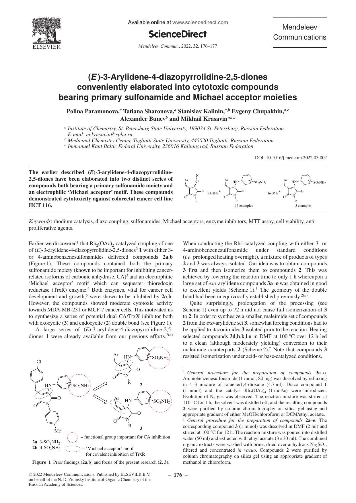 (E)-3-Arylidene-4-diazopyrrolidine-2,5-diones conveniently elaborated into cytotoxic compounds bearing primary sulfonamide and Michael acceptor moieties by unknow