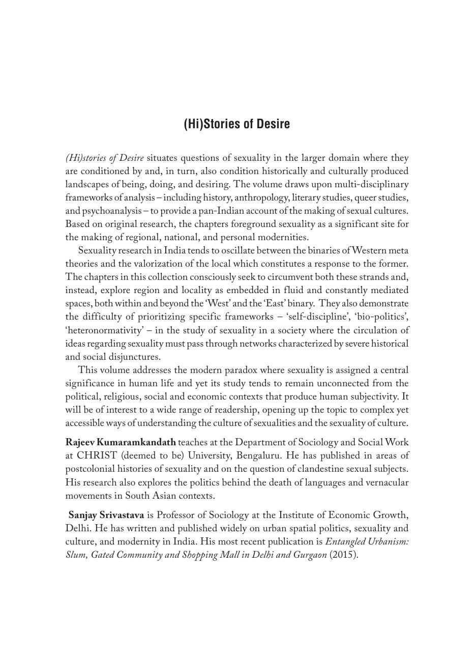 (Hi)Stories of Desire: Sexualities and Culture in Modern India by Rajeev Kumaramkandath; Sanjay Srivastava