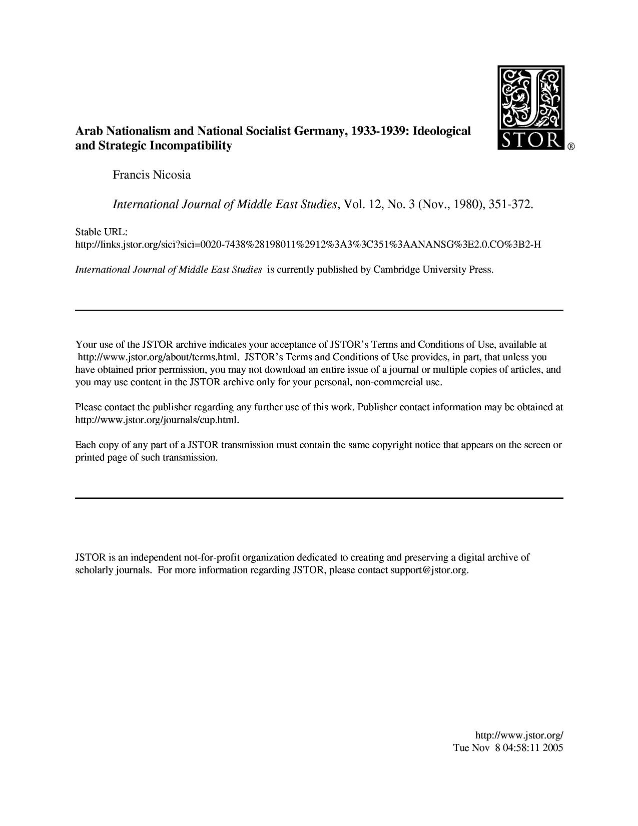 (International Journal of middle-east Studies)Nicosia-Arab Nationalism and National Socialist Germany by Unknown