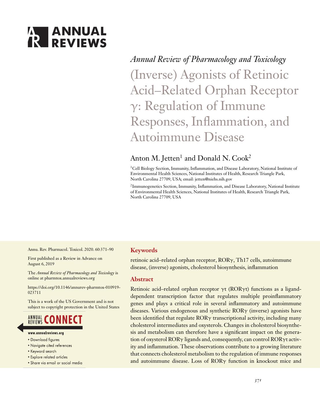 (Inverse) Agonists of Retinoic AcidâRelated Orphan Receptor Î³: Regulation of Immune Responses, Inflammation, and Autoimmune Disease by Anton M. Jetten and Donald N. Cook