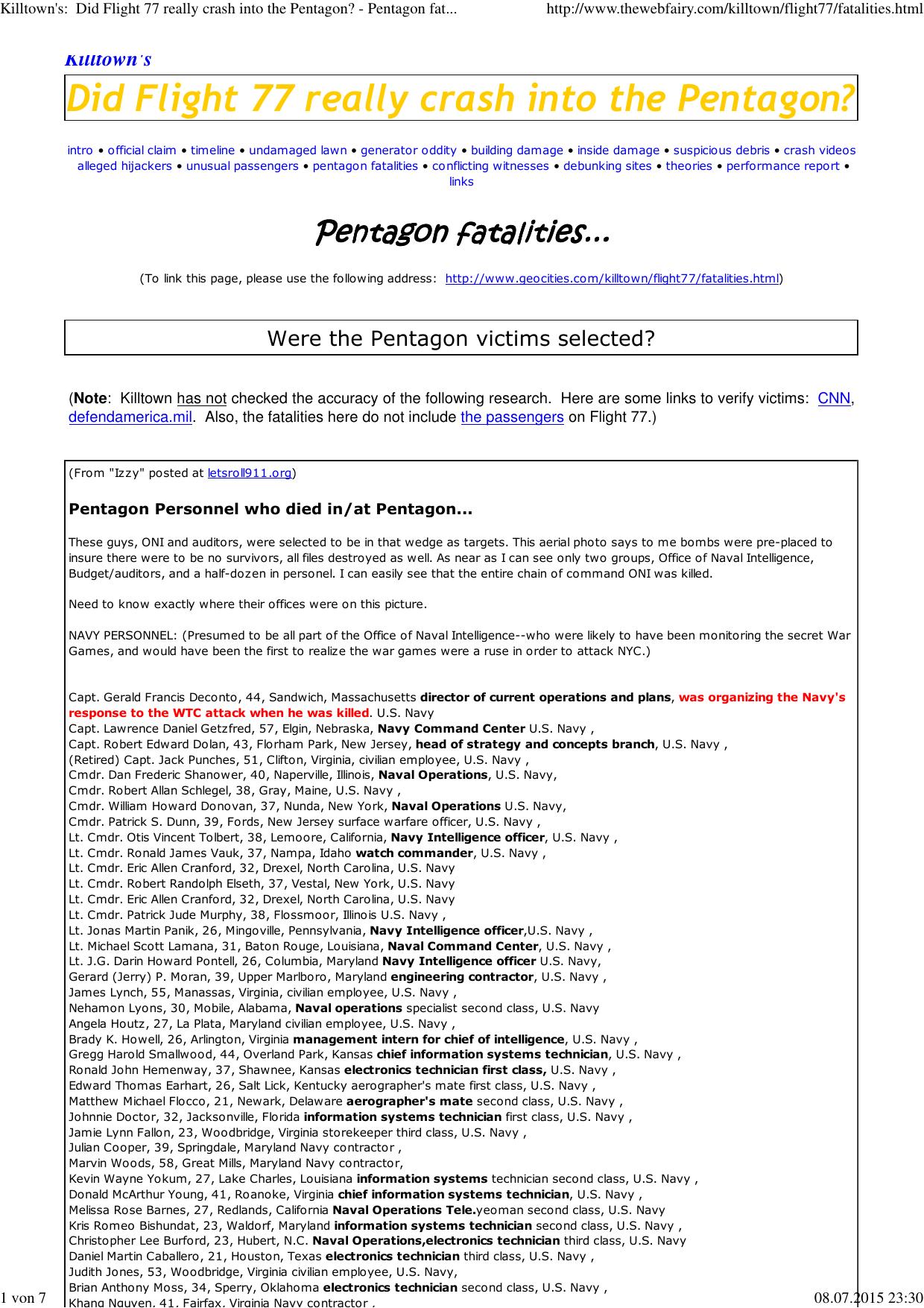 (Killtown's:  Did Flight 77 really crash into the Pentagon? - Pentagon fatalities...) by Andi