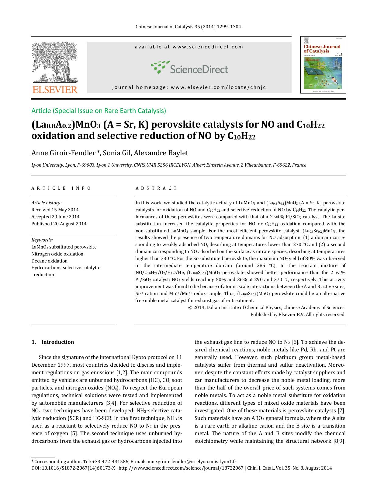 (La0.8A0.2)MnO3 (A = Sr, K) perovskite catalysts for NO and C10H22 oxidation and selective reduction of NO by C10H22 by Anne Giroir-Fendler & Sonia Gil & Alexandre Baylet