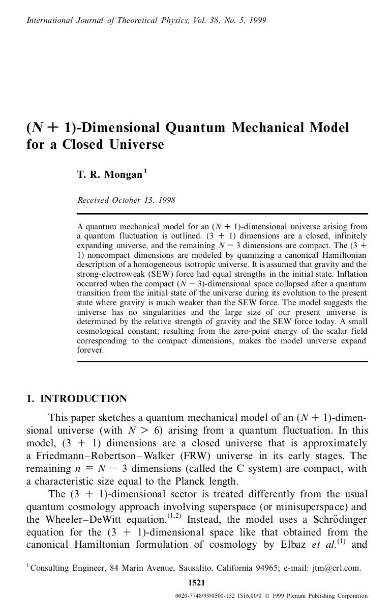 (N + 1)-Dimensional Quantum Mechanical Model for a Closed Universe by Unknown