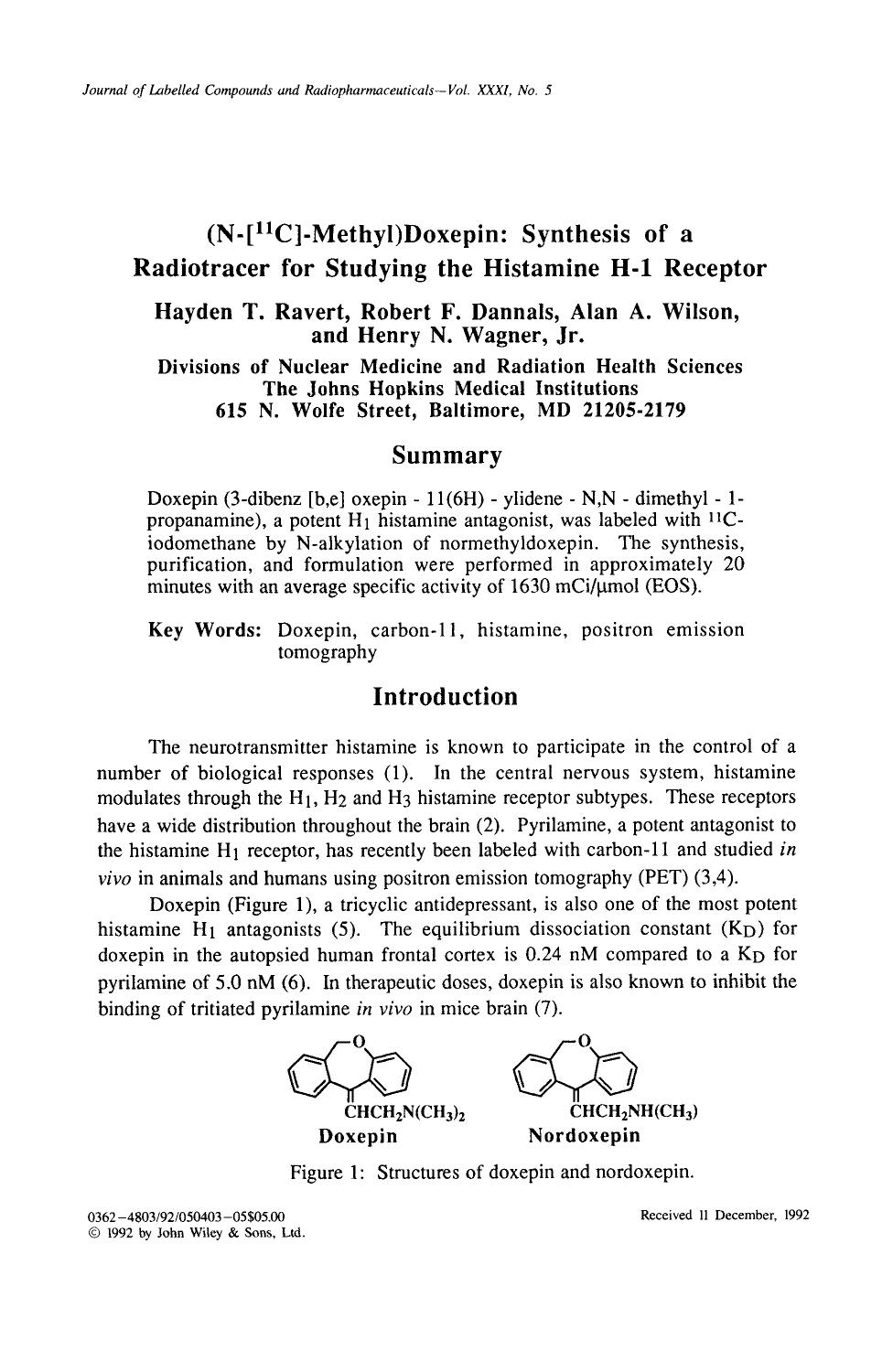 (N-[11C]-Methyl)doxepin: Synthesis of a radiotracer for studying the histamine H-1 receptor by Unknown