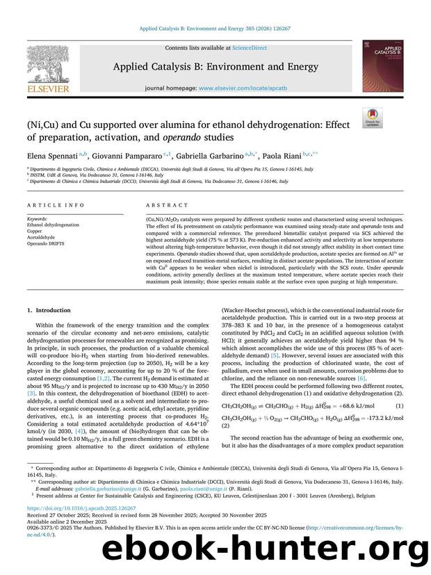 (Ni,Cu) and Cu supported over alumina for ethanol dehydrogenation: Effect of preparation, activation, and operando studies by Elena Spennati & Giovanni Pampararo & Gabriella Garbarino & Paola Riani