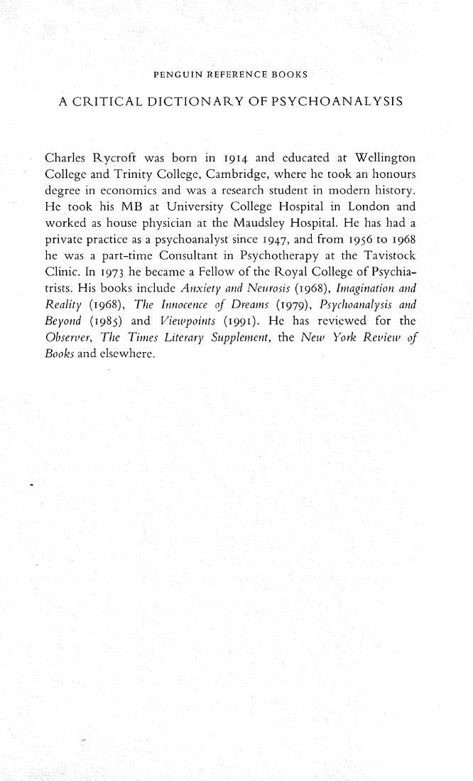 (Penguin Reference Books) Charles Rycroft-A Critical Dictionary of Psychoanalysis, Second Edition-Puffin (1995) by Unknown
