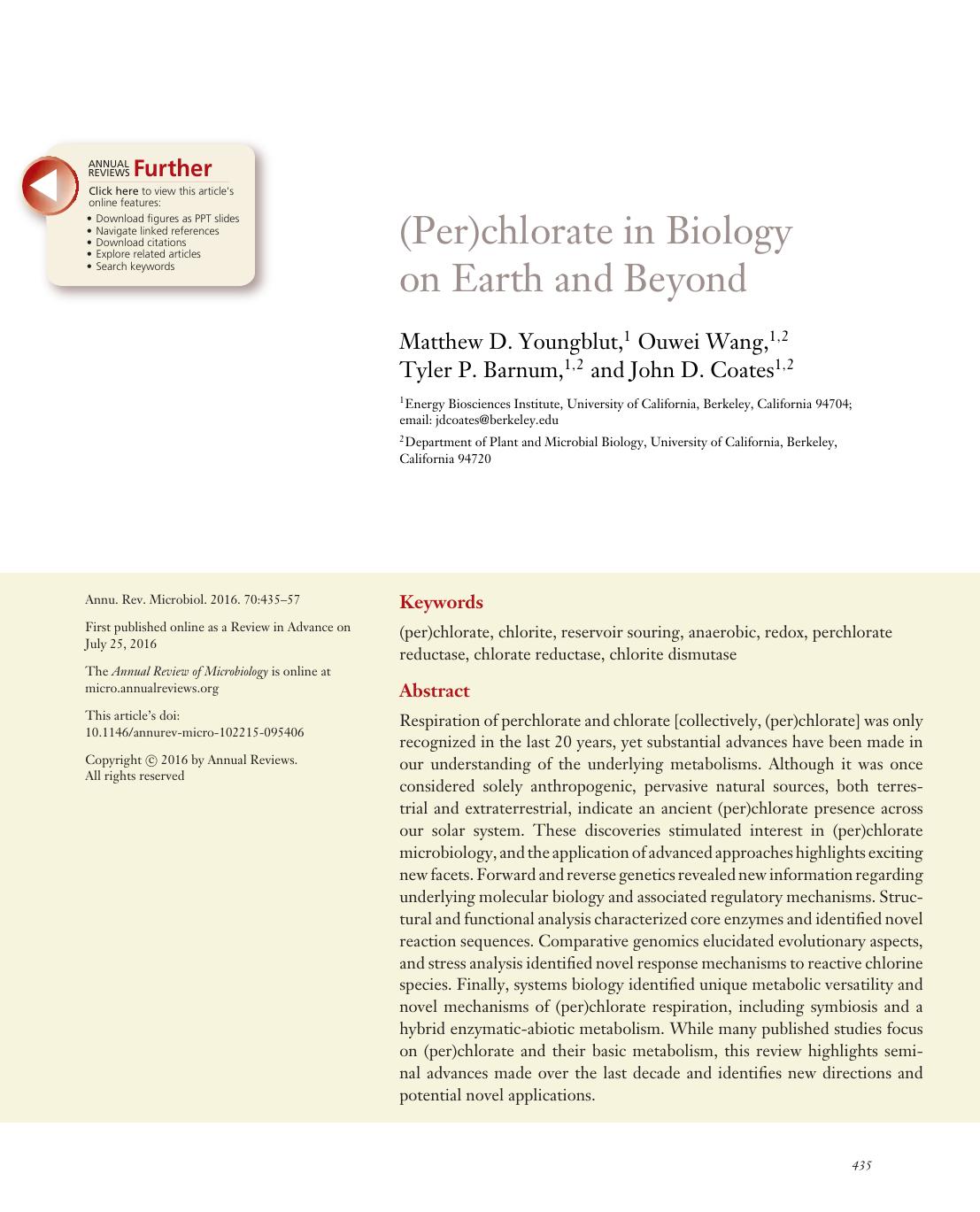 (Per)chlorate in Biology on Earth and Beyond by Matthew D. Youngblut Ouwei Wang Tyler P. Barnum John D. Coates