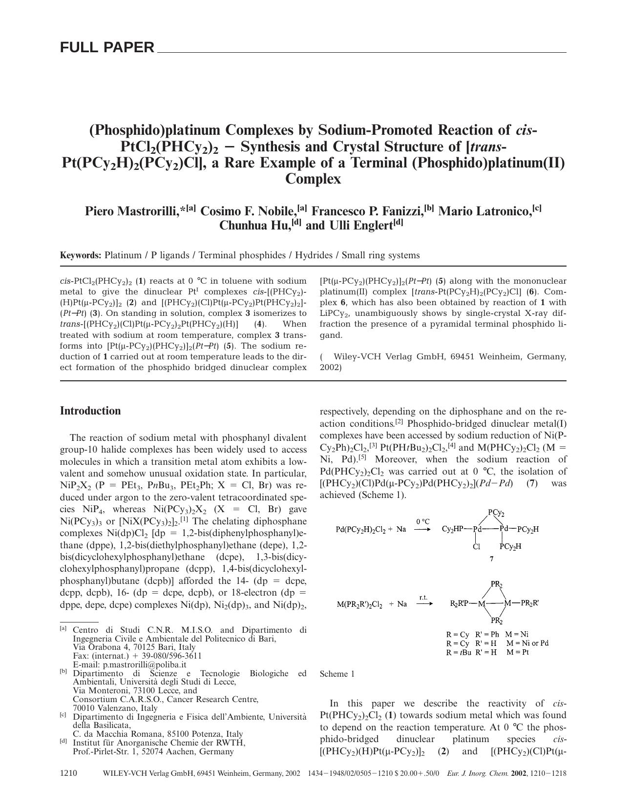 (Phosphido)platinum Complexes by Sodium-Promoted Reaction of cis-PtCl2(PHCy2)2 - Synthesis and Crystal Structure of [trans-Pt(PCy2H)2(PCy2)Cl], a Rare Example of a Terminal (Phosph by Unknown