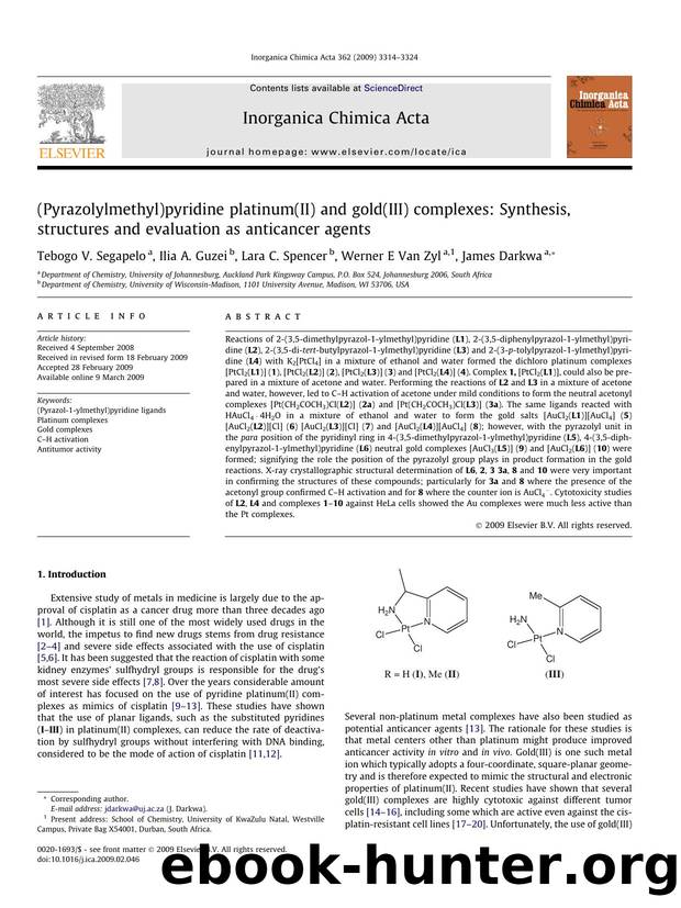 (Pyrazolylmethyl)pyridine platinum(II) and gold(III) complexes: Synthesis, structures and evaluation as anticancer agents by Tebogo V. Segapelo; Ilia A. Guzei; Lara C. Spencer; Werner E Van Zyl; James Darkwa