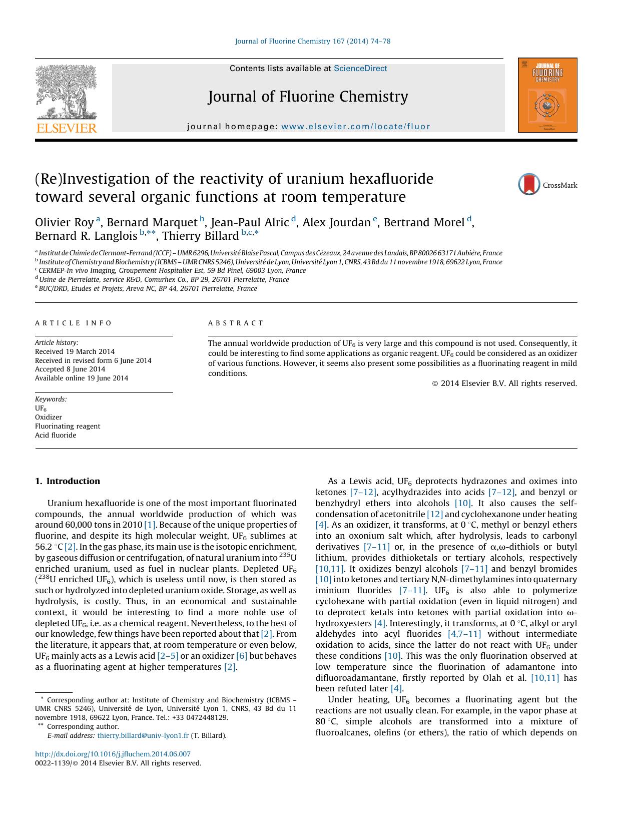 (Re)Investigation of the reactivity of uranium hexafluoride toward several organic functions at room temperature by unknow