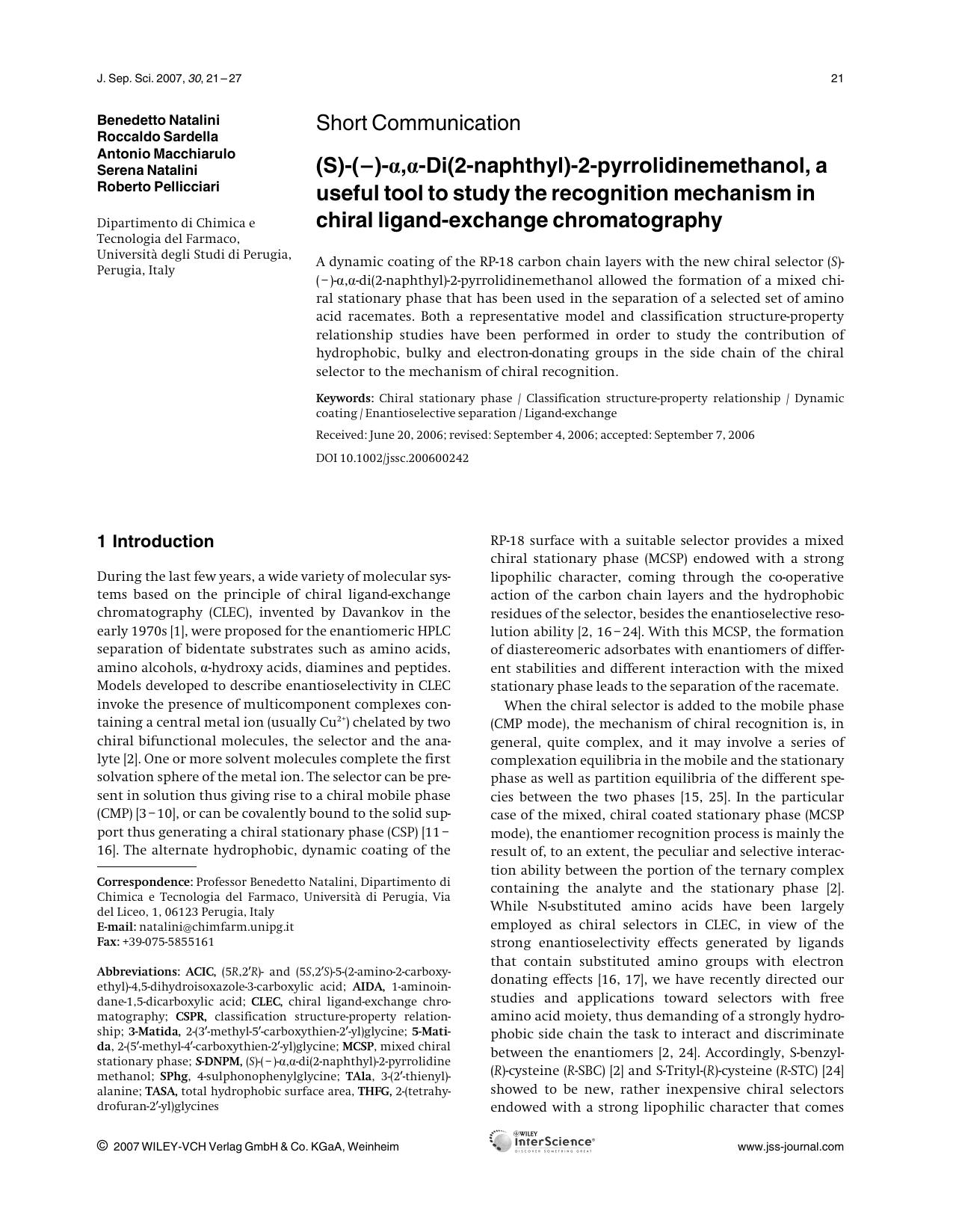 (S)-(-)-[alpha],[alpha]-Di(2-naphthyl)-2-pyrrolidinemethanol, a useful tool to study the recognition mechanism in chiral ligand-exchange chromatography by Unknown
