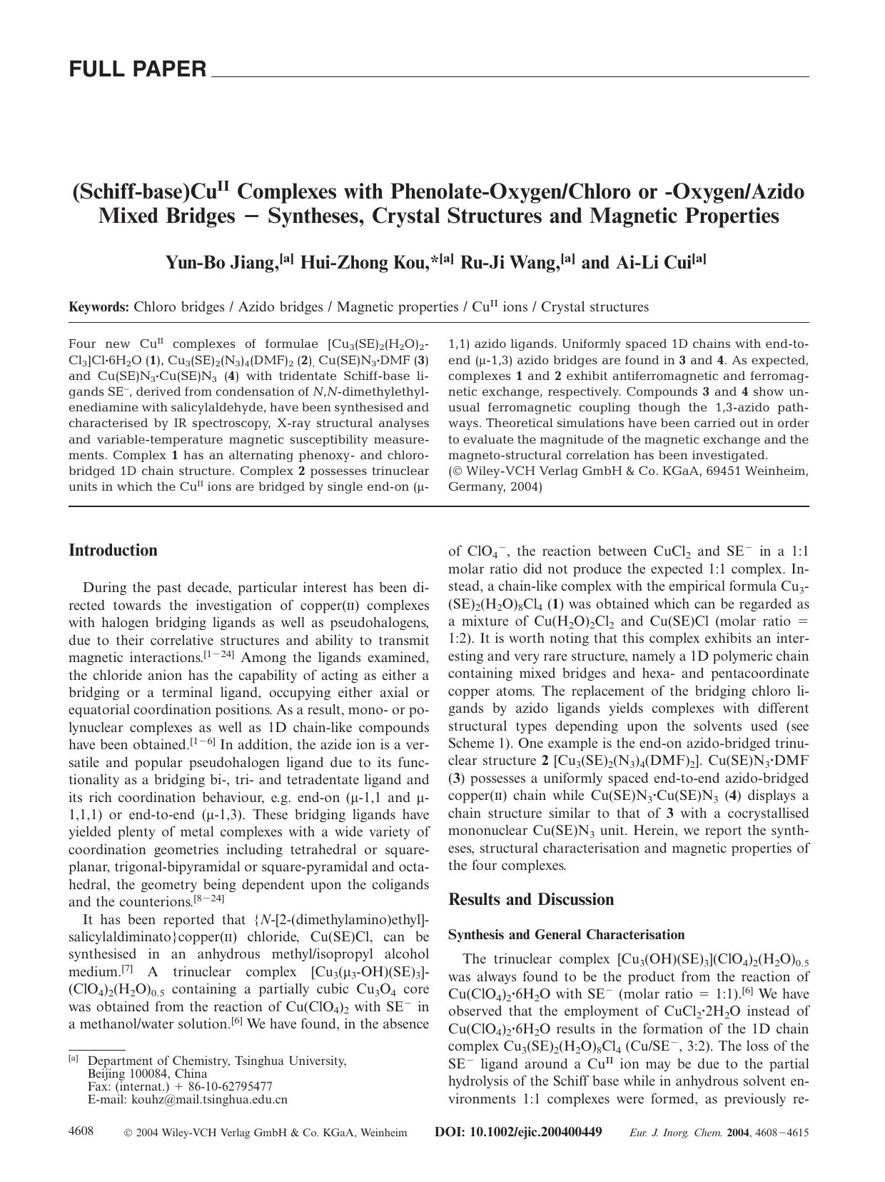 (Schiff-base)CuII Complexes with Phenolate-OxygenChloro or -OxygenAzido Mixed Bridges [minus] Syntheses, Crystal Structures and Magnetic Properties by Unknown
