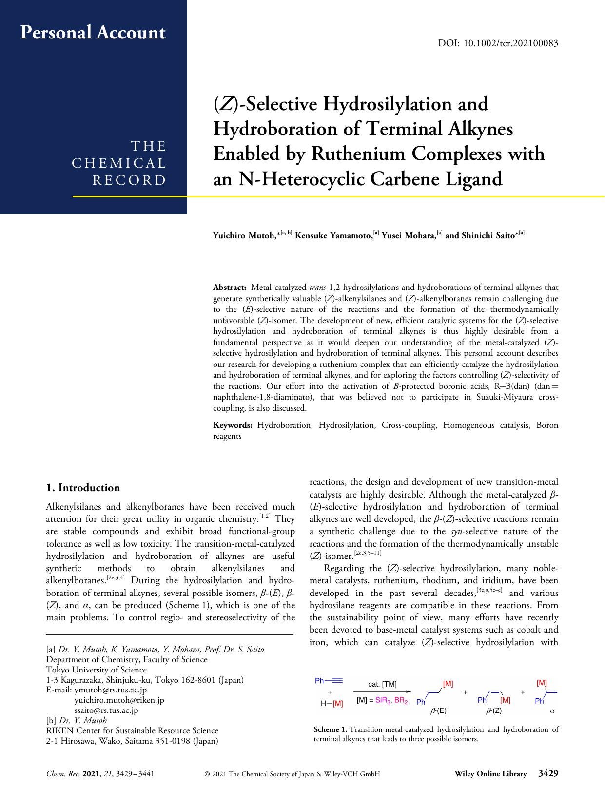 (Z)âSelective Hydrosilylation and Hydroboration of Terminal Alkynes Enabled by Ruthenium Complexes with an NâHeterocyclic Carbene Ligand by Unknown