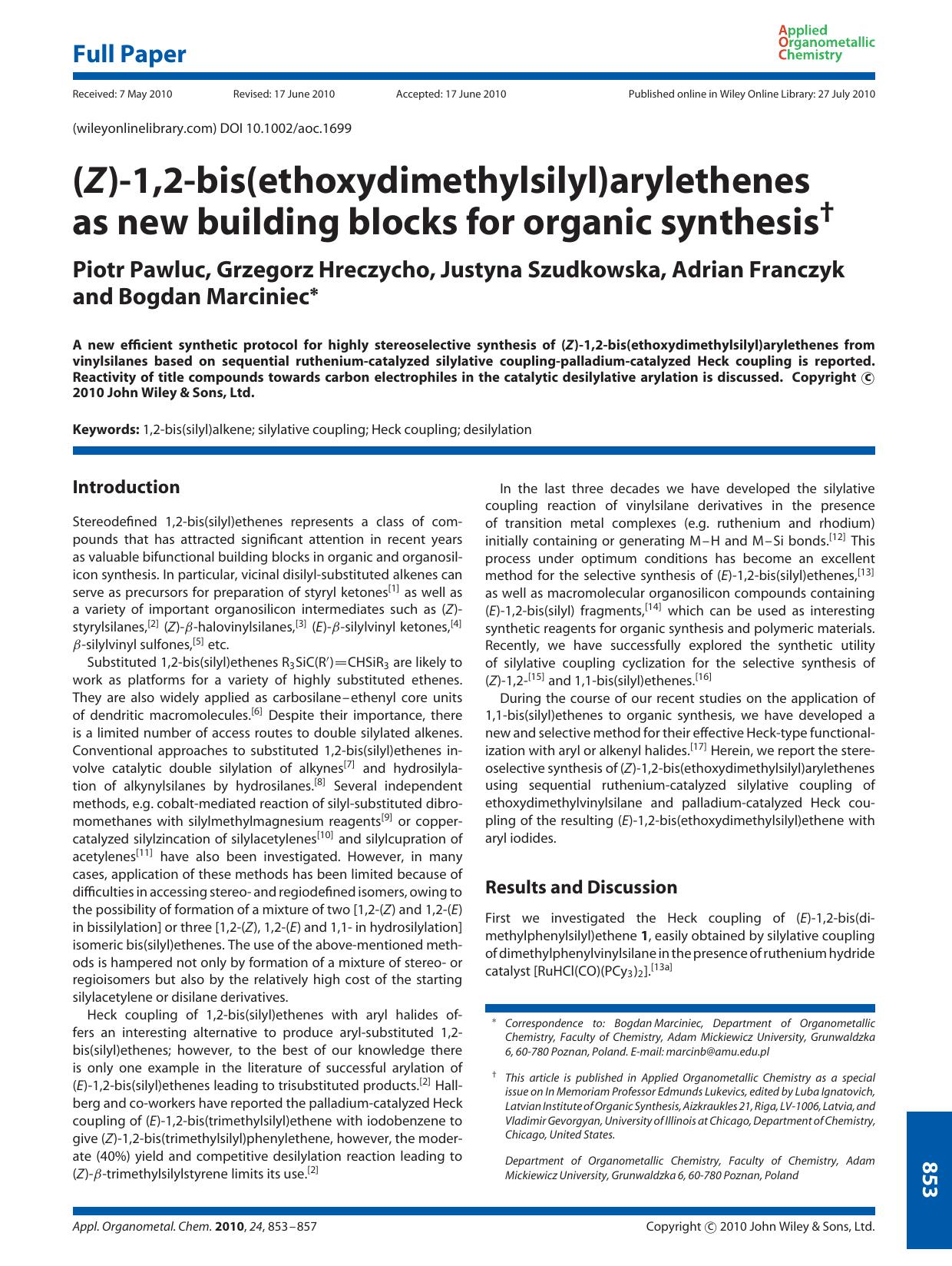(Z)1,2bis(ethoxydimethylsilyl)arylethenes as new building blocks for organic synthesis by Unknown