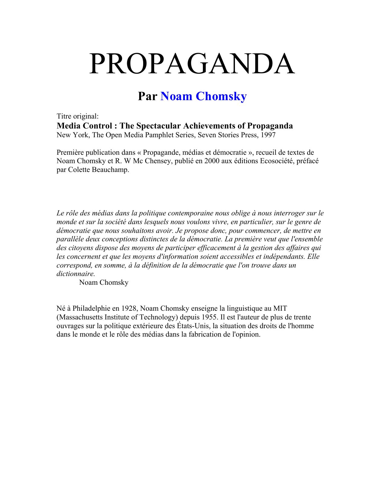(eBook) Noam Chomsky - PROPAGANDA (French translation of MEDIA CONTROL The spectacular Achievements of Propaganda) by Calimero